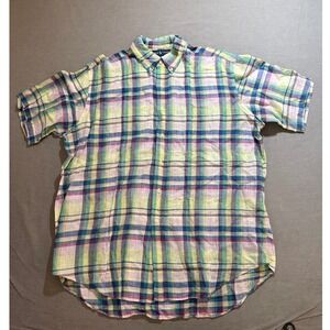 Ralph Lauren Blake Linen Plaid Short Sleeve Button Down‎ Shirt Mens L Multicolor